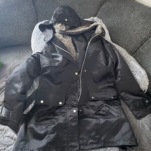 Black Hooded Coat with Faux Fur Lining